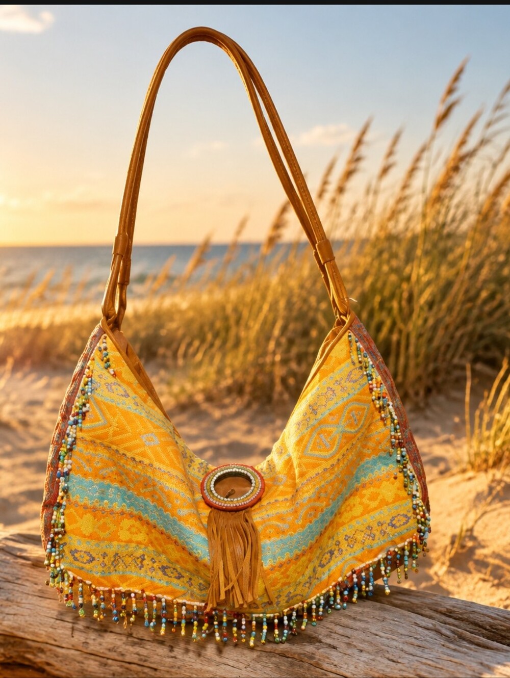 Petro Zillia Bohemian Beaded Yellow Hobo Bag with Fringe